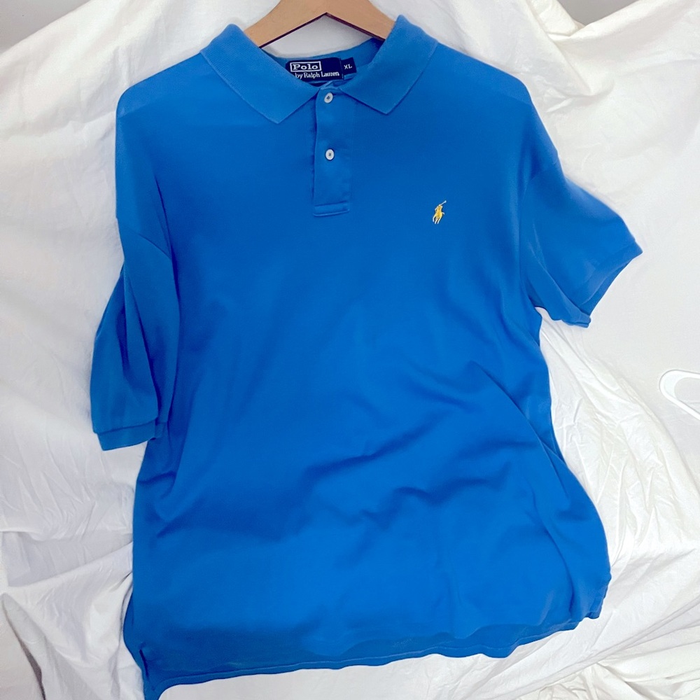 Mens blue classic Polo by Ralph Lauren 100% cotton two button polo shirt XL